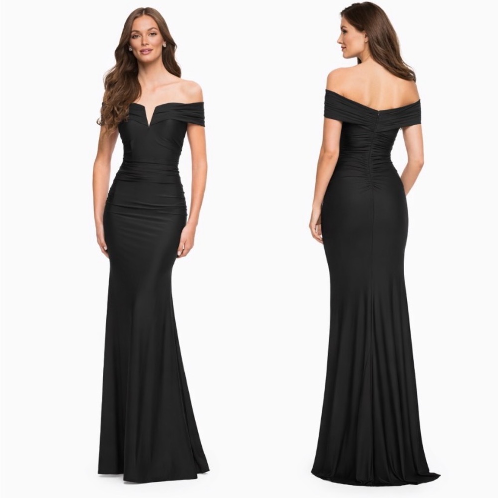 La Femme 30582 Evening Dress 4 Gown Off Shoulder Black Ruched Formal Gala $398